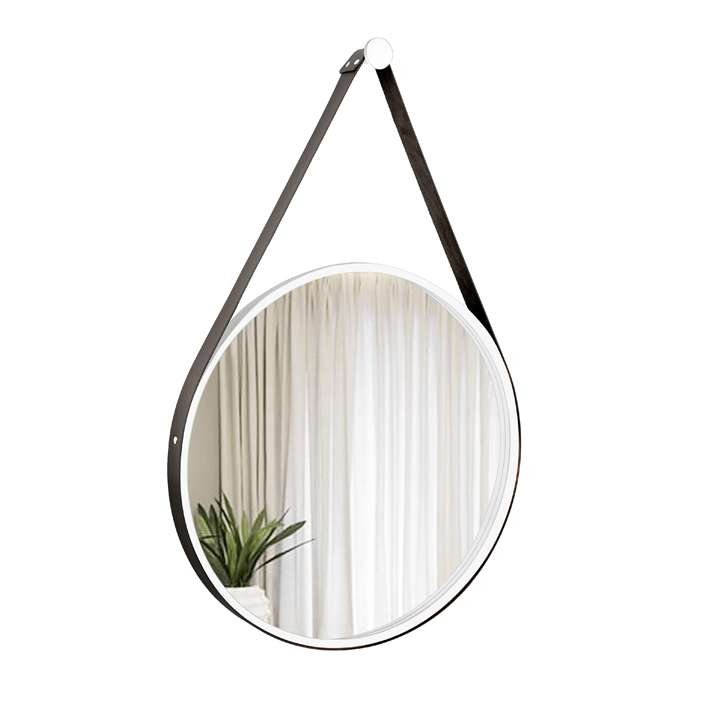 Espelho Decorativo Adnet Branco Alça Corino Preto 50cm Redondo