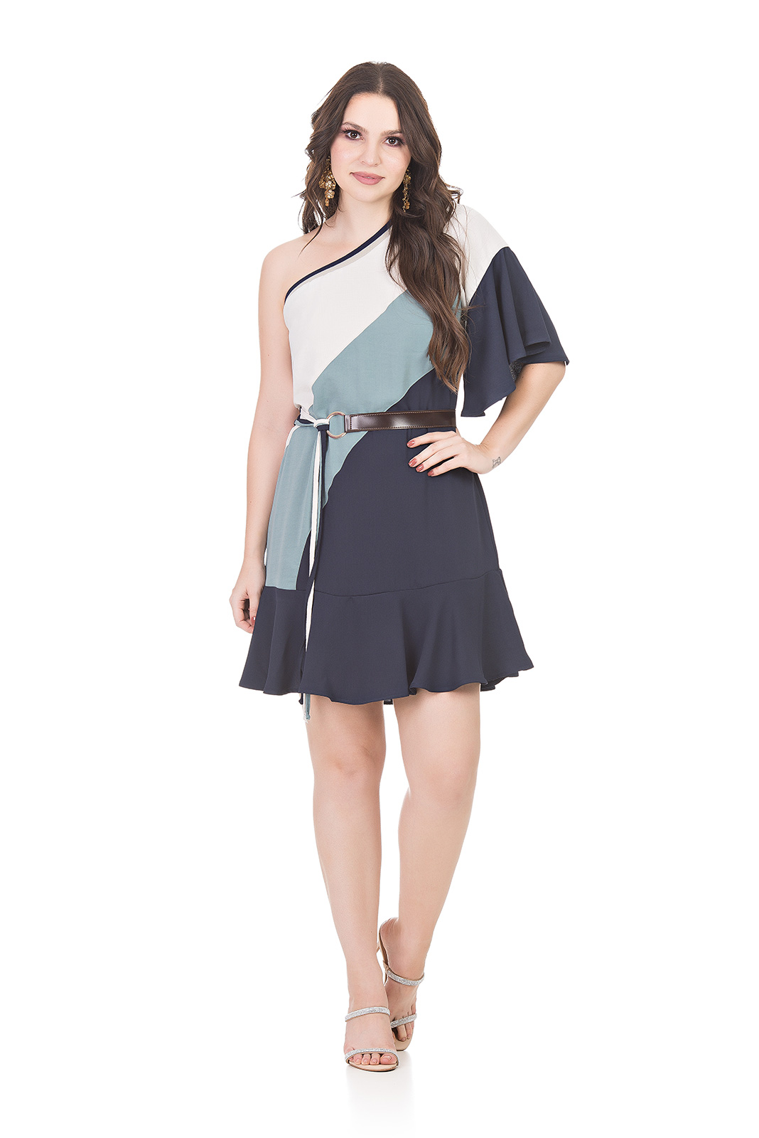 VESTIDO KÍMIKA CURTO DE UM OMBRO SÓ TRICOLOR AZUL.