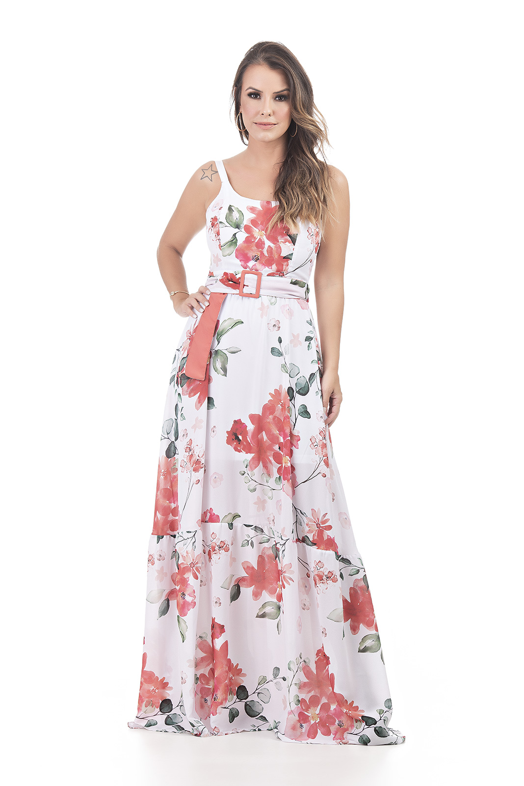 VESTIDO LONGO KÍMIKA EM CREPE FLUIDO ESTAMPADO.
