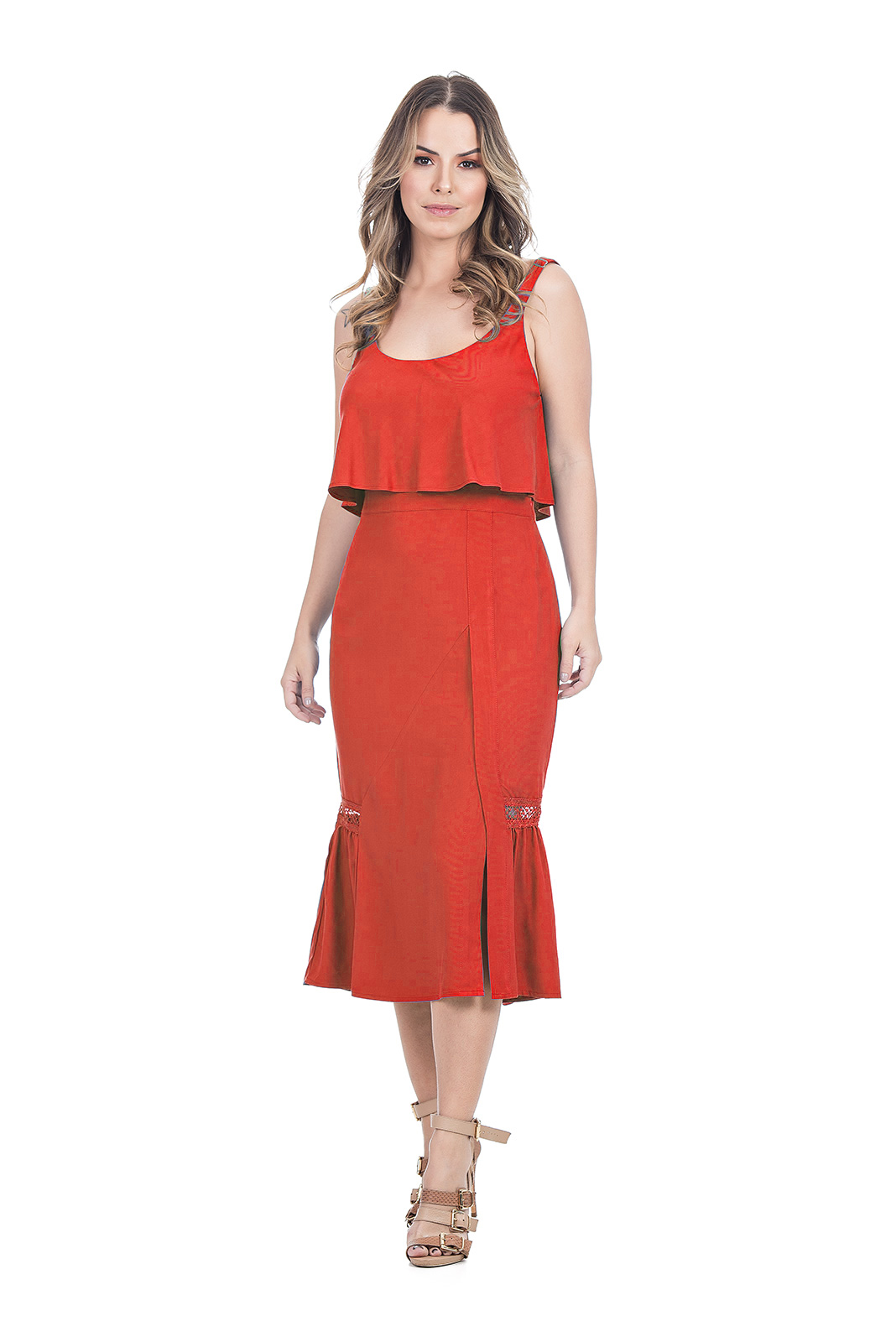 VESTIDO MÍDI KÍMIKA EM CREPE TEXTURIZADO VERMELHO.