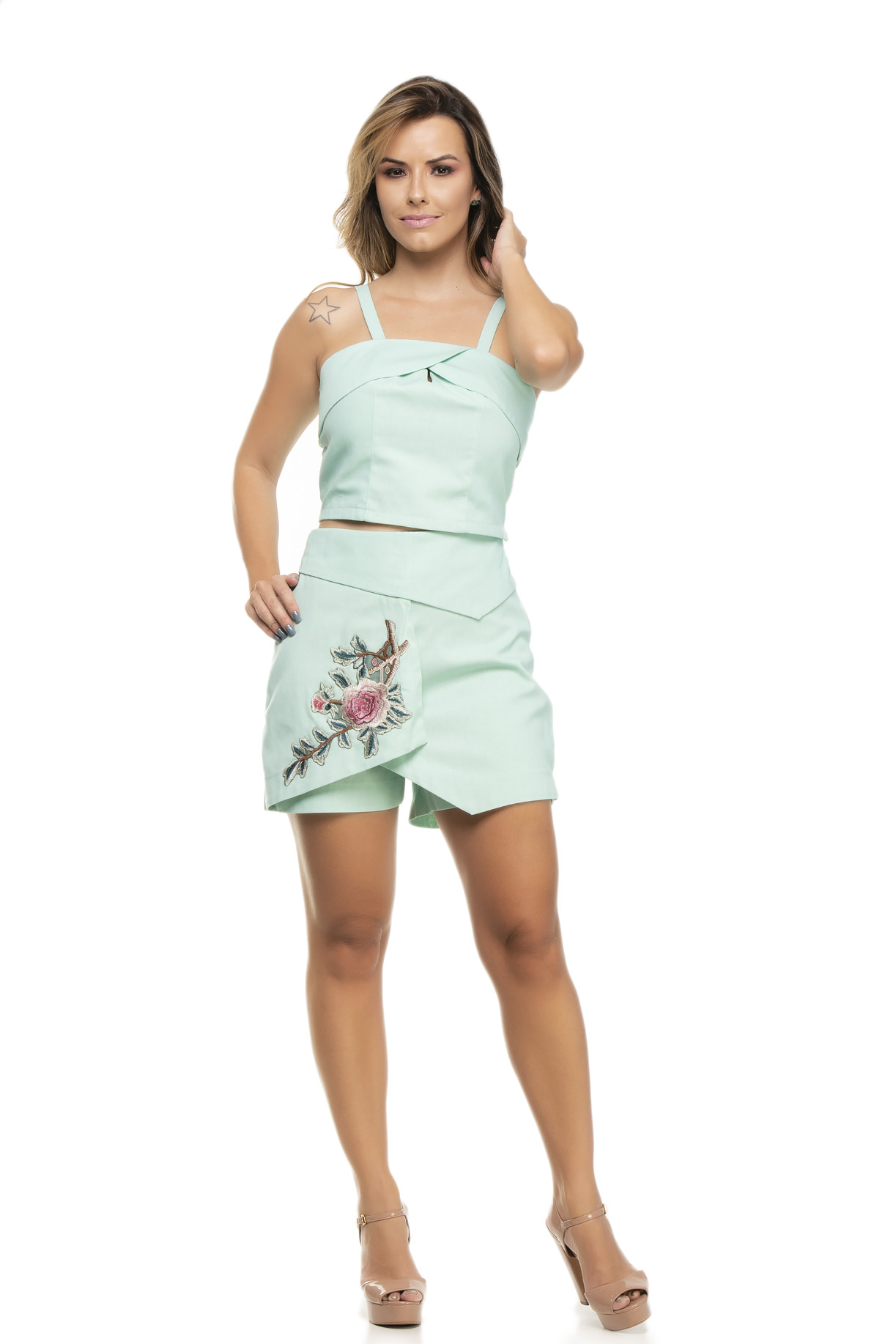 Conjunto Curto Kímika Short Saia Com Aplicação E Cropped Verde Àgua.