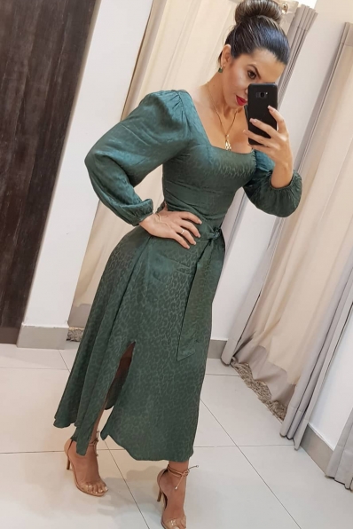 VESTIDO MÍDI KÍMIKA MONOCROMÁTICO EM LINHO COM ELASTANO VERDE