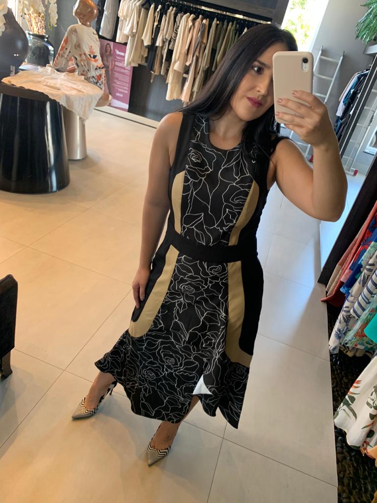 VESTIDO MÍDI KÍMIKA EM CREPE ESTAMPADO BEGE