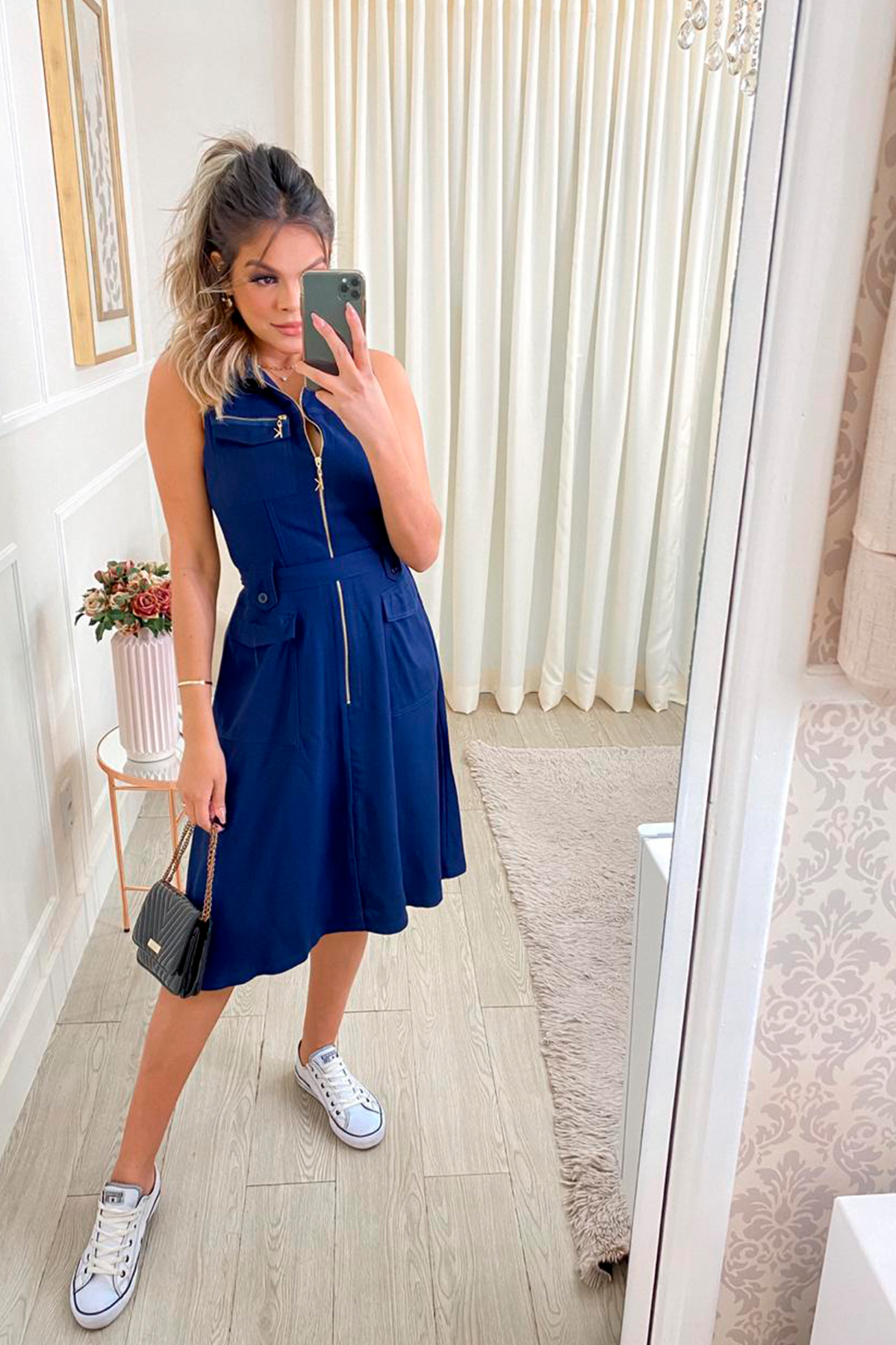 VESTIDO MÍDI KÍMIKA EM LINHO COM TEXTURA PIQUET AZUL MARINHO