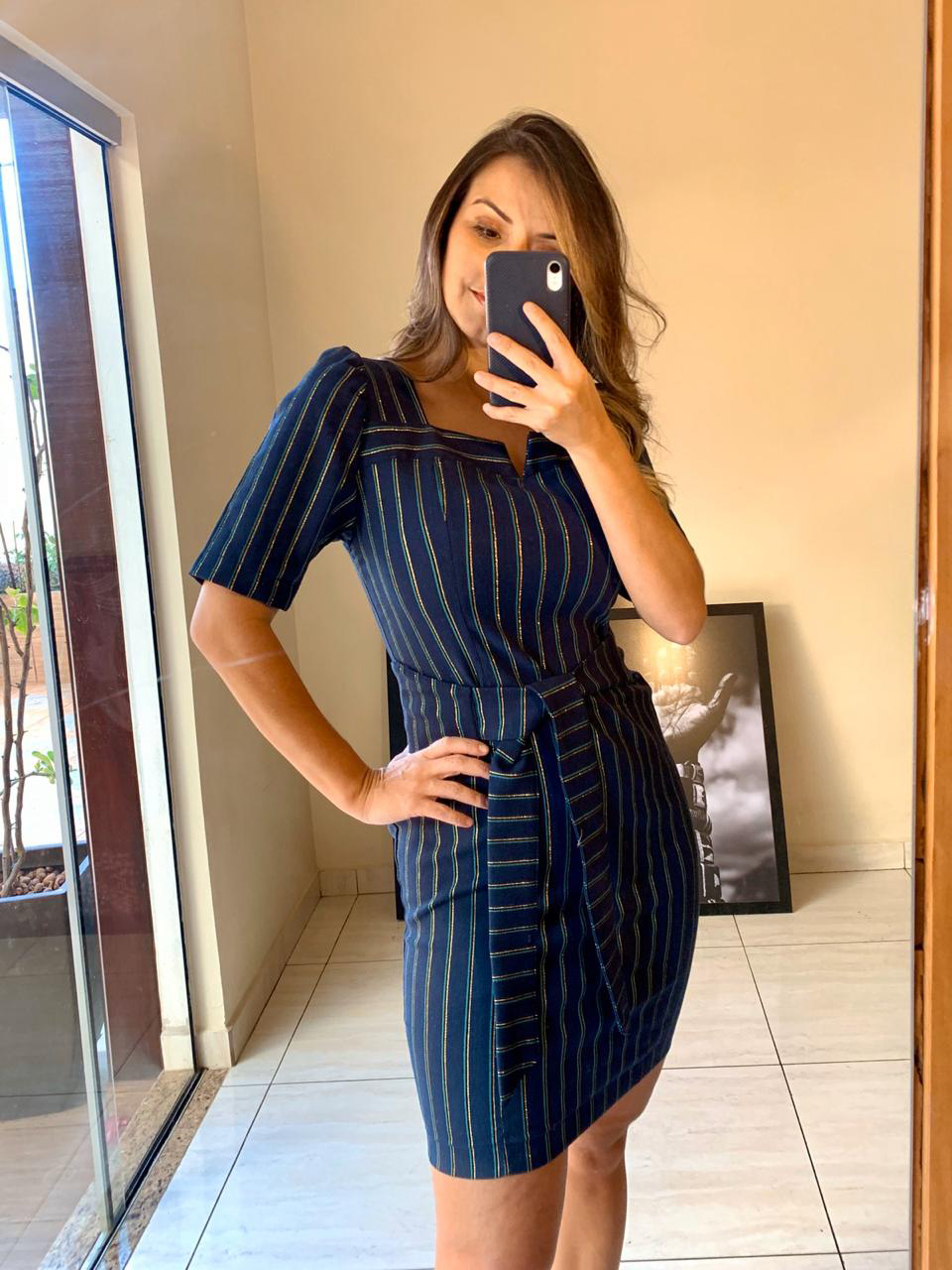 VESTIDO CURTO KÍMIKA CASUAL/JUSTO EM BENGALINE DE LISTRAS AZUL