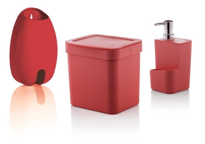 Kit cozinha vermelho 3 peças OU lixeira, suporte sabao liquido, dispenser sacolas puxa saco