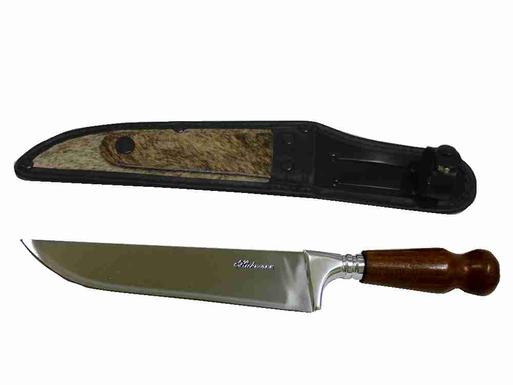 Faca Inox de Churrasco Cabo De Madeira 180 mm Com Bainha Couro e Pelo HICKMANN ZEBU 61/8P