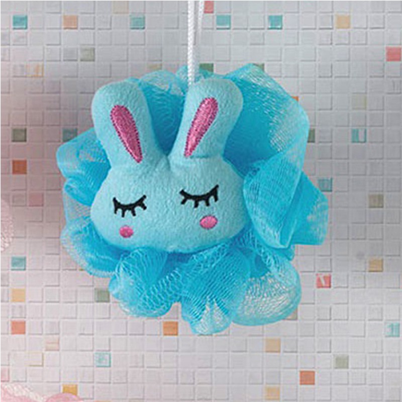 Esponja de Banho Bouton com Carinhas Coelho com Corda Nylon Azul