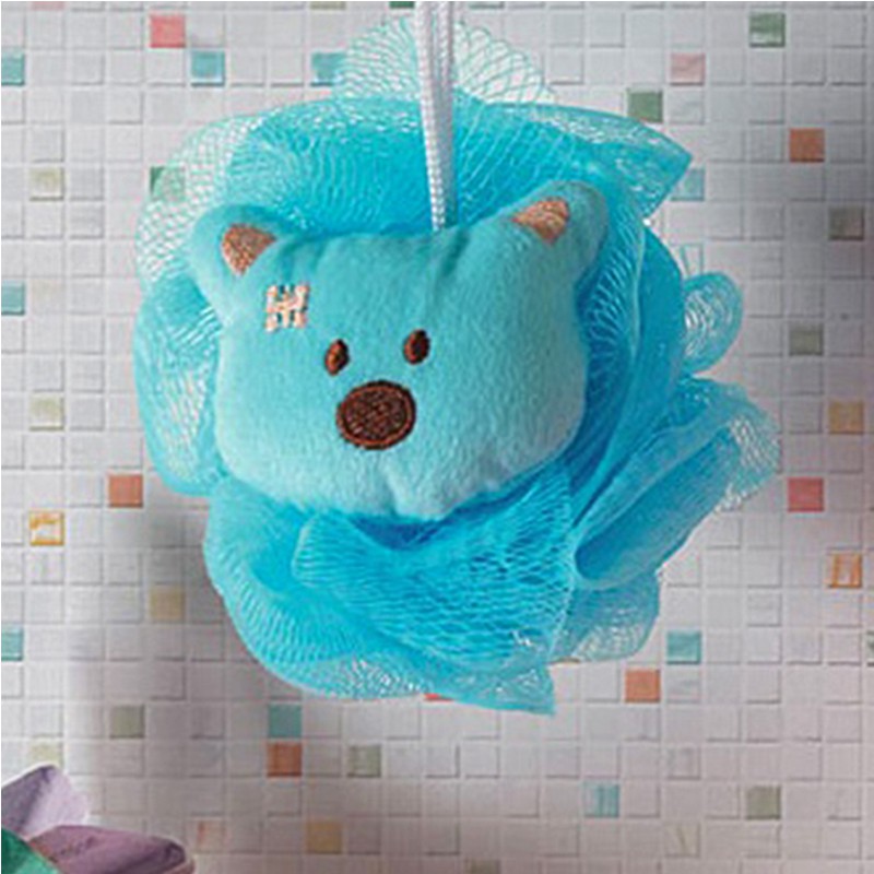 Esponja de Banho Bouton com Carinhas Ursinho com Corda Nylon Azul