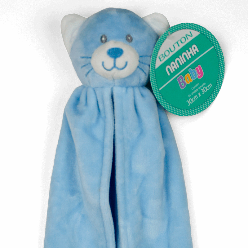 Naninha Bouton Microfibra com Prendedor de Chupeta e Pelucia Gatinho Azul
