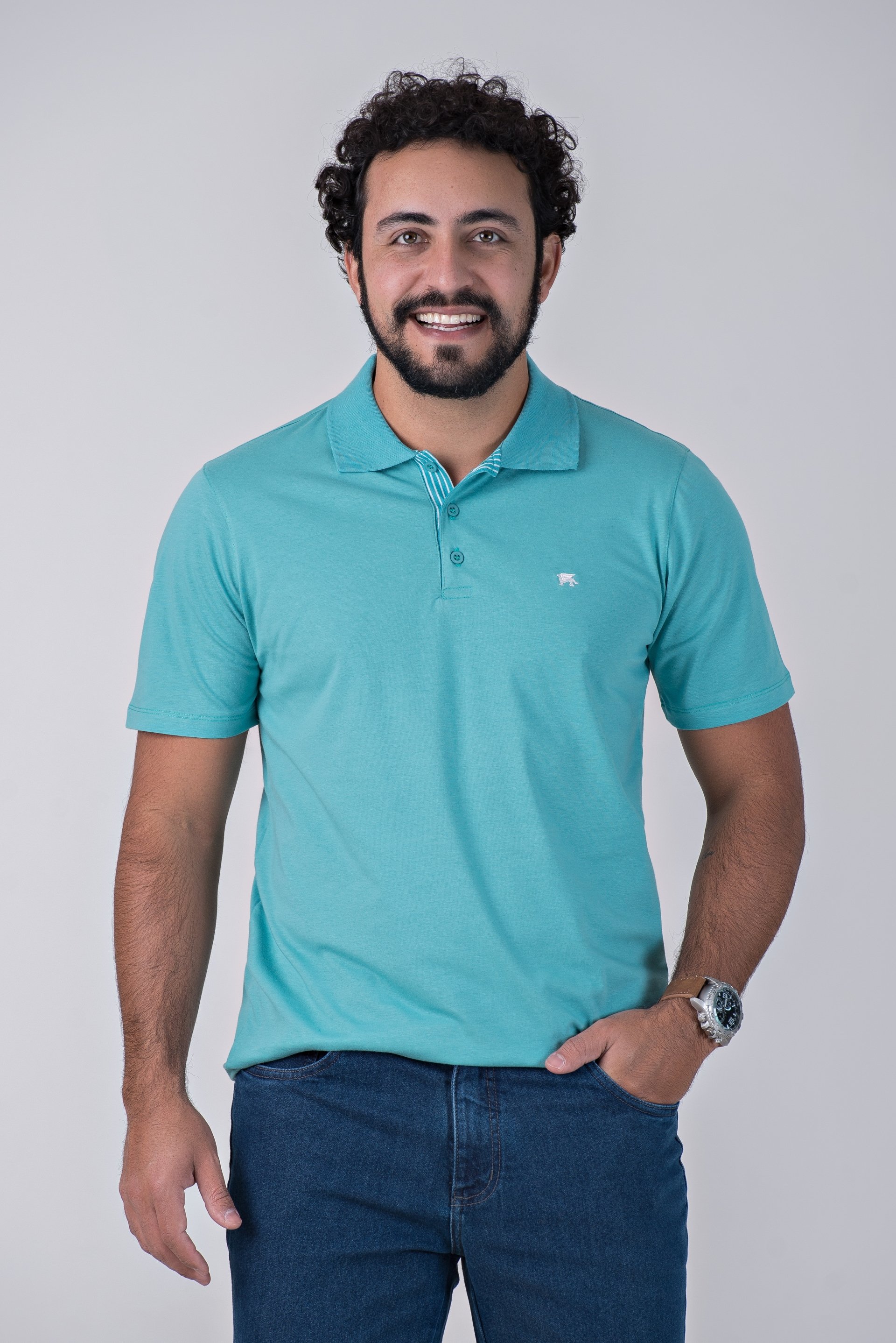 Camisa Polo Griffo Azul Turquesa 100% Algodão