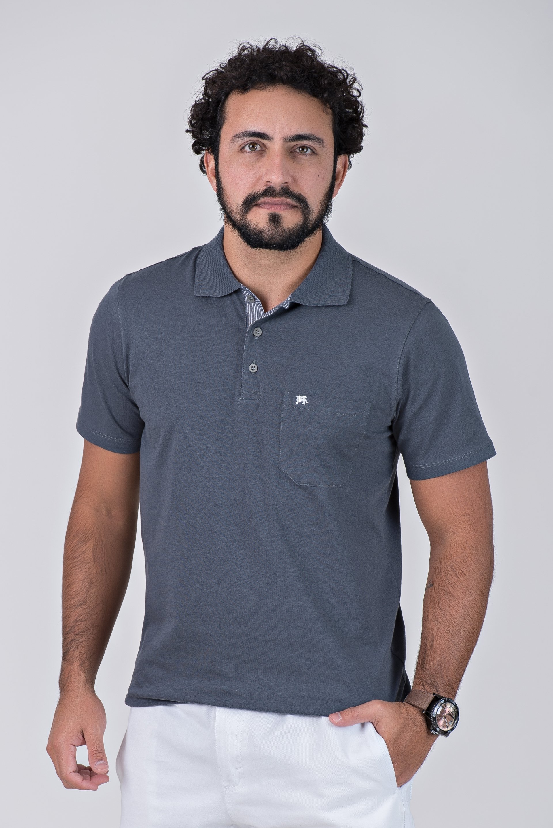 Camisa Polo Griffo Chumbo 100% Algodão