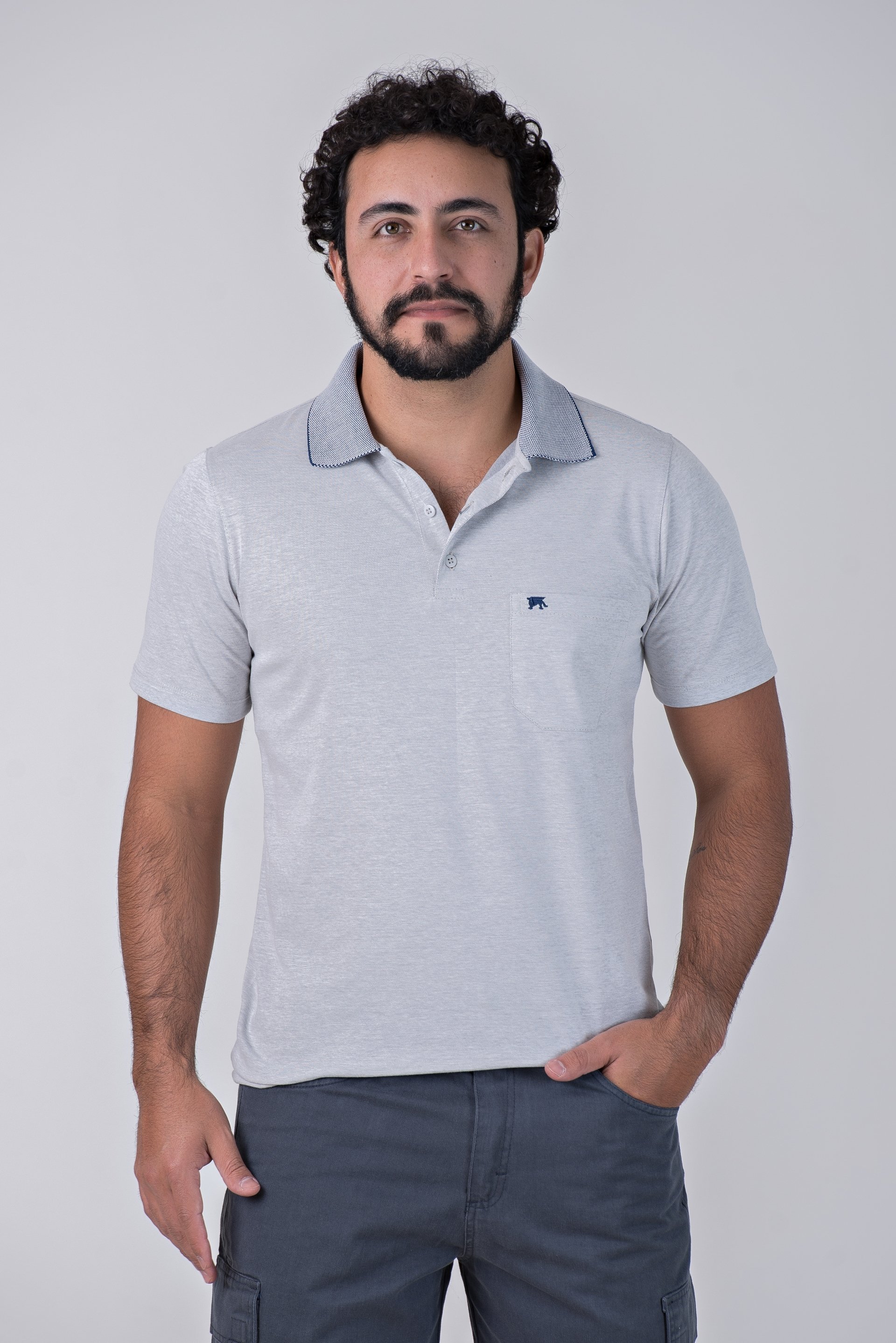 Camisa Polo Modal Griffo Cinza com Detalhes em Azul