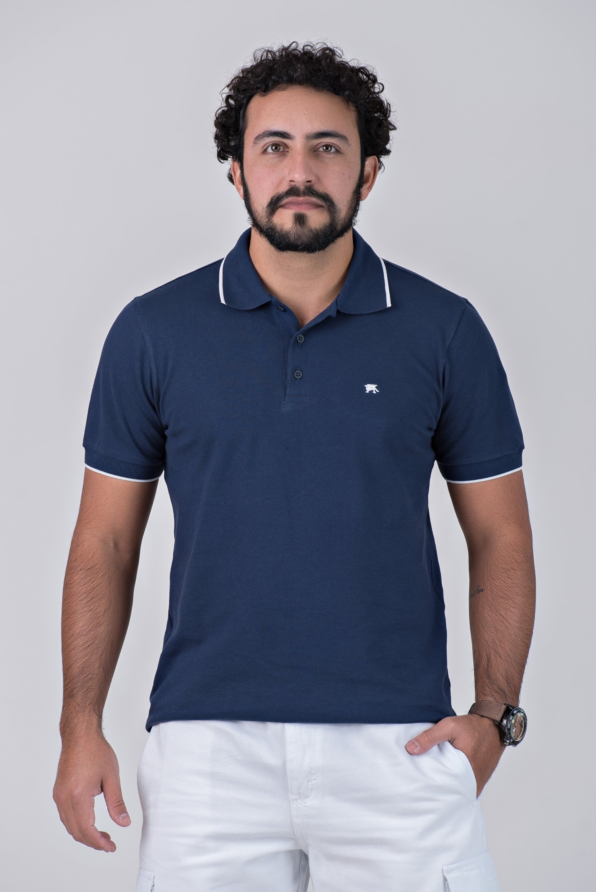 Camisa Polo Piquet Griffo Azul com Detalhe Branco