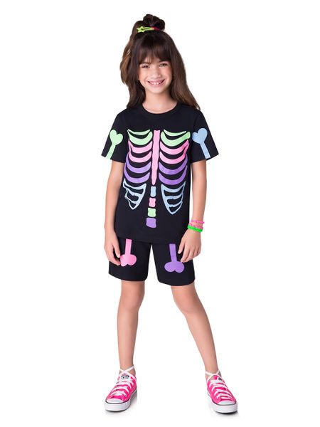 PIJAMA INFANTIL FEMININO DE MANGA CURTA ESQUELETO COLORIDO