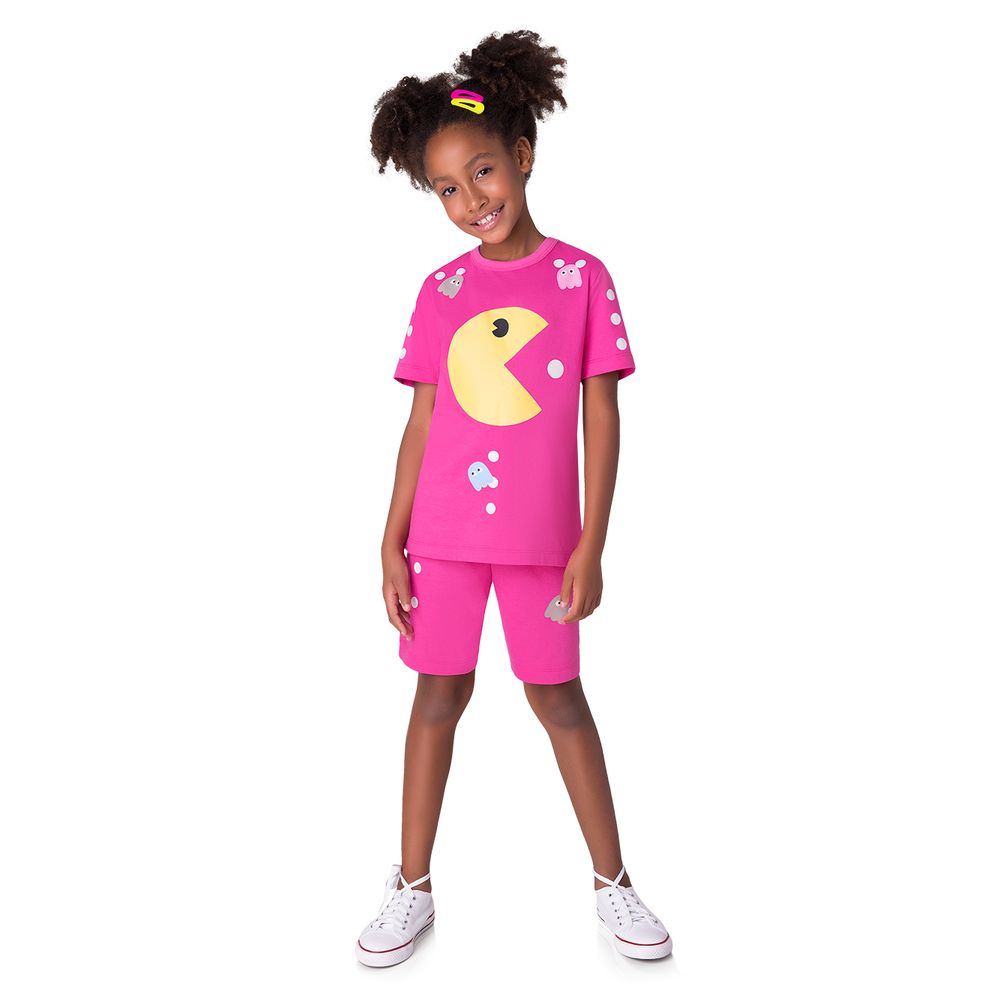PIJAMA INFANTIL FEMININO DE MANGA CURTA ROSA DO PAC-MAN