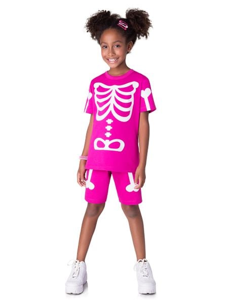 PIJAMA FEMININO INFANTIL MANGA CURTA DE ESQUELETO ROSA BRILHA NO ESCURO 