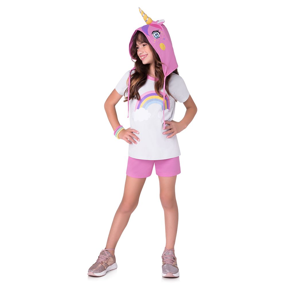 PIJAMA INFANTIL FEMININO DE MANGA CURTA UNICORNIO COM TOUCA