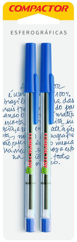 Caneta esferográfica fina 0.8mm azul blister 2 UN - Compactor