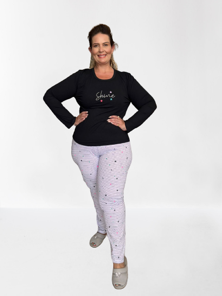 PIJAMA FEMININO INVERNO PLUS SIZE PRETO/LISTRADO