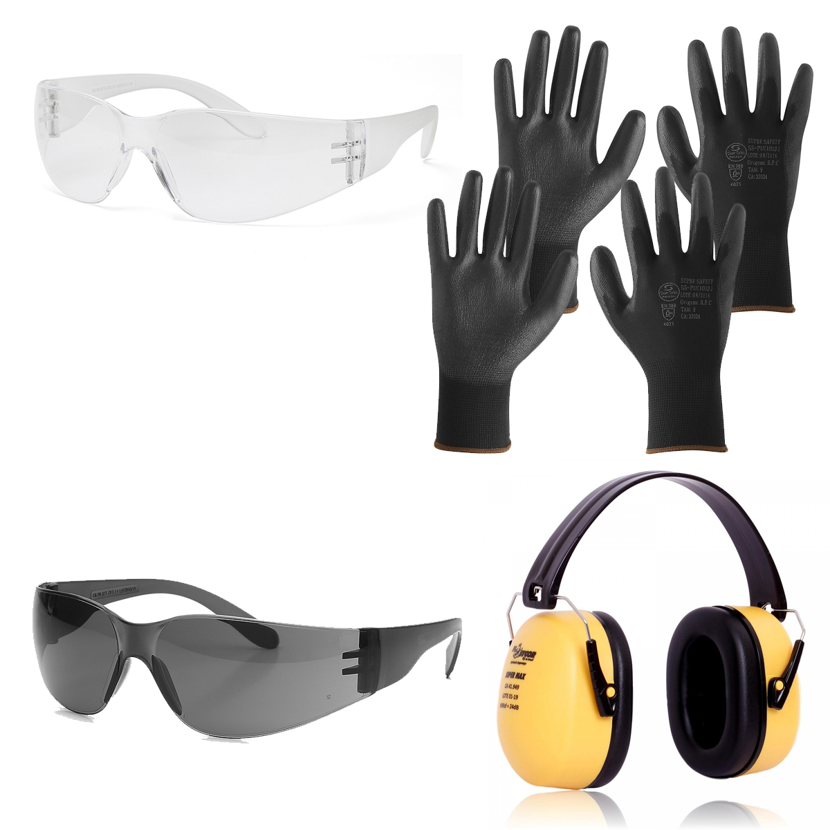 Kit Oculos Proteção Incolor Escuro Luvas Abafador Ruido Epi 