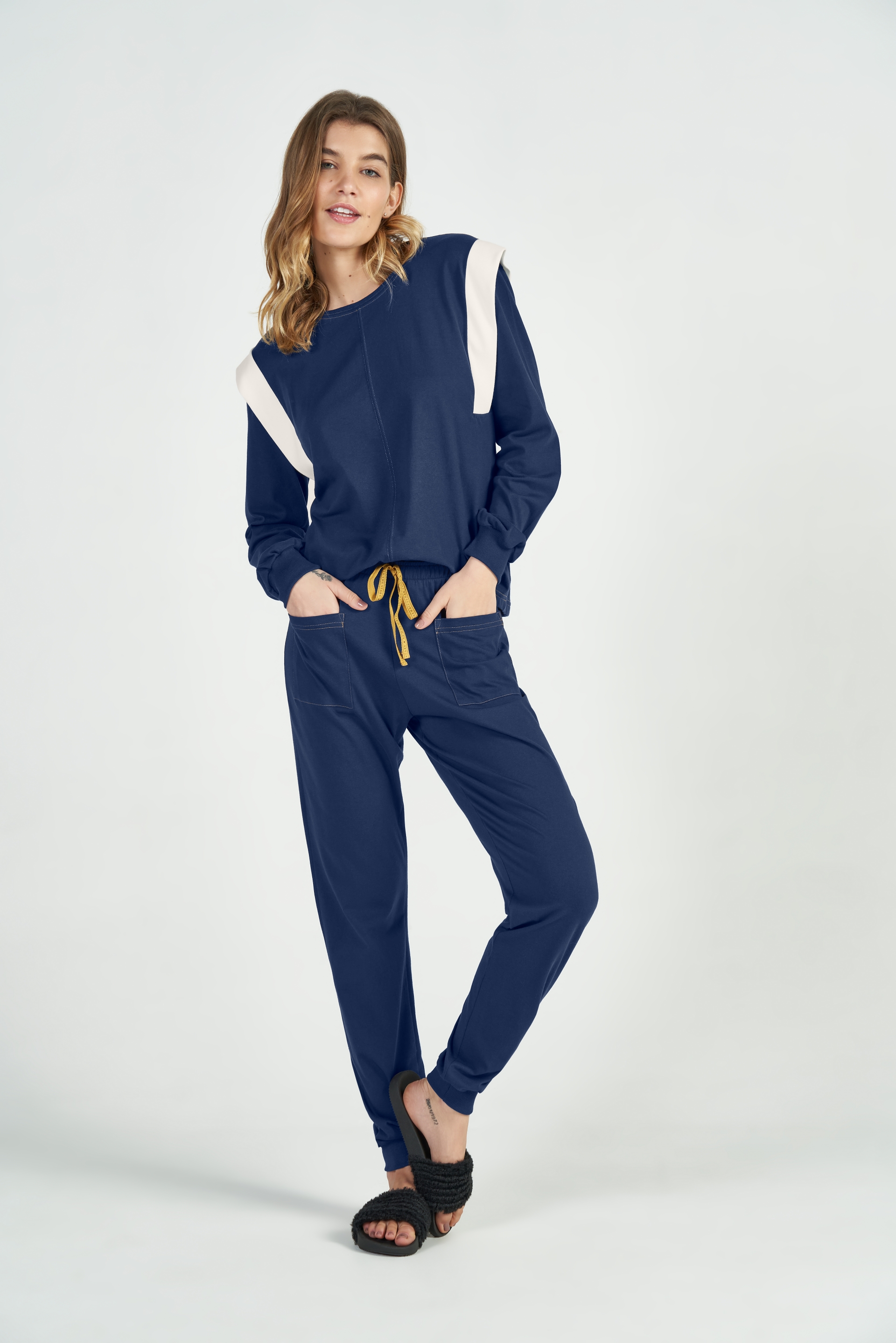 PIJAMA FEMININO INVERNO COR COM AMOR AZUL MARINHO