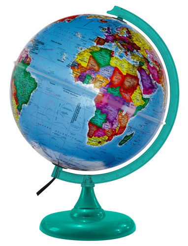 Globo Terrestre 30cm: Mondo Físico Político - Iluminado led branco bivolt - Base verde turquesa
