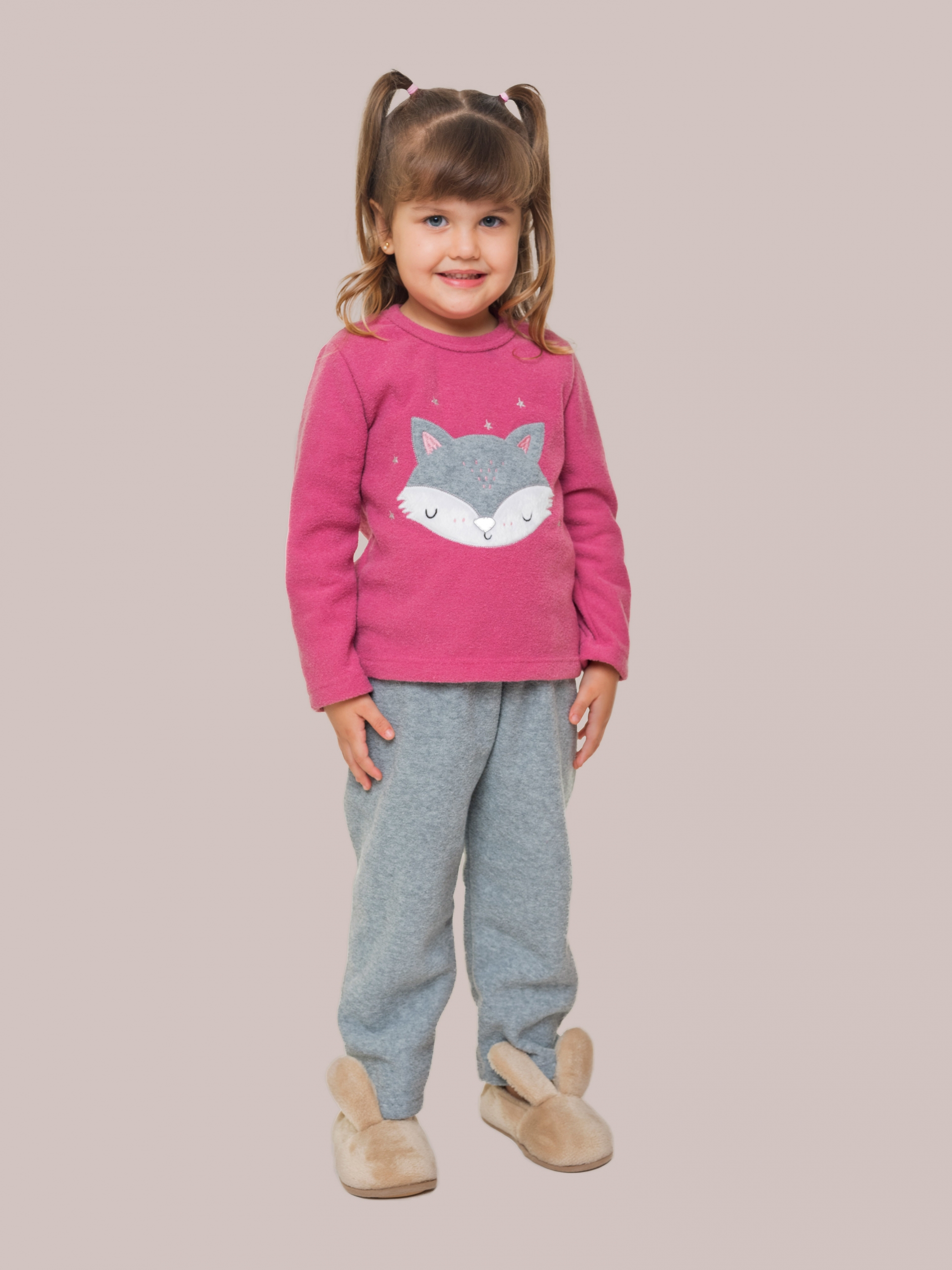 PIJAMA INFANTIL FEMININO DE MANGA LONGA PLUSH GUAXINIM ROSA COM MESCLA