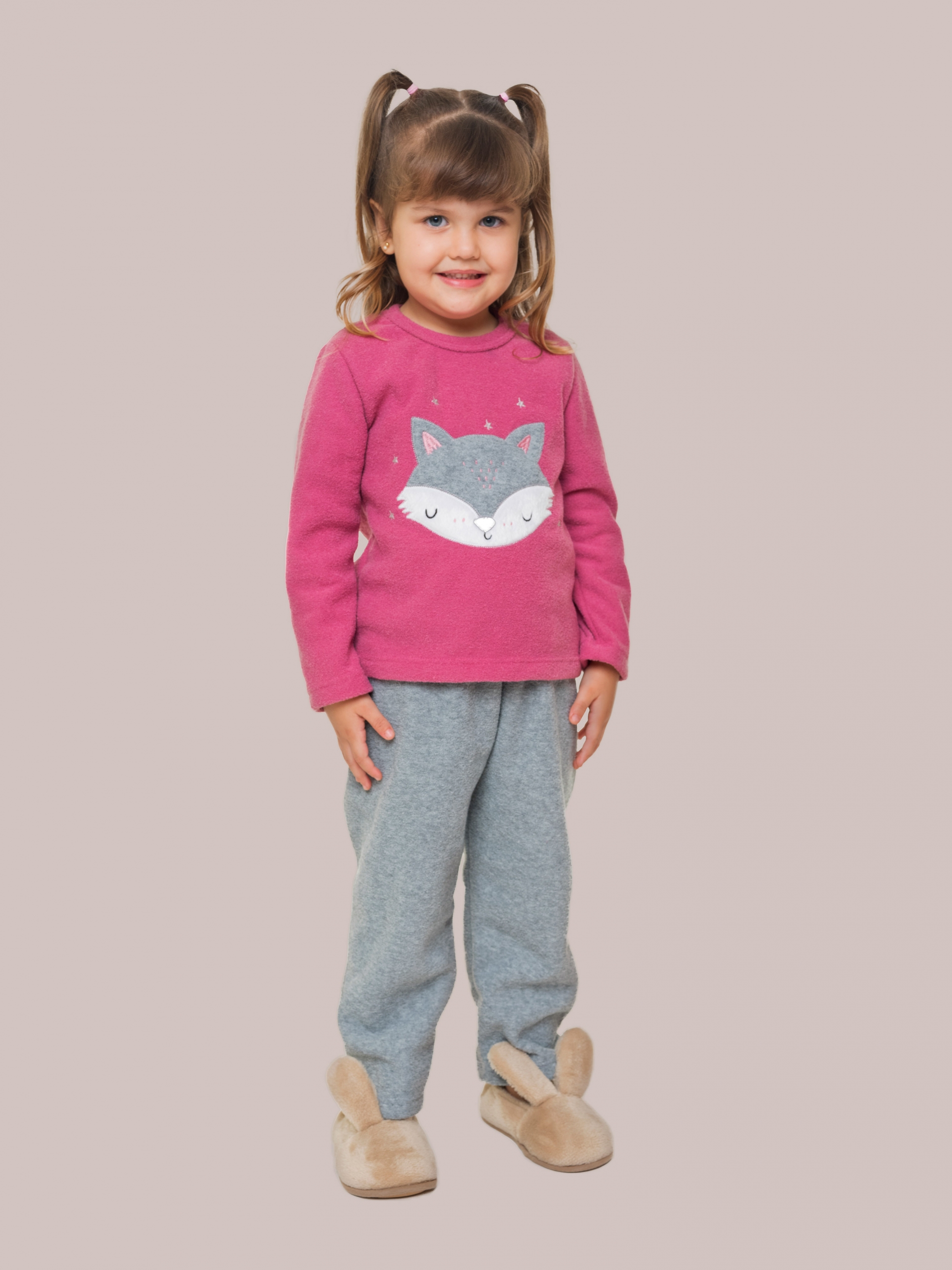 PIJAMA FEMININO INFANTIL DE MANGA LONGA EM PLUSH JUVENIL GUAXINIM ROSA COM MESCLA