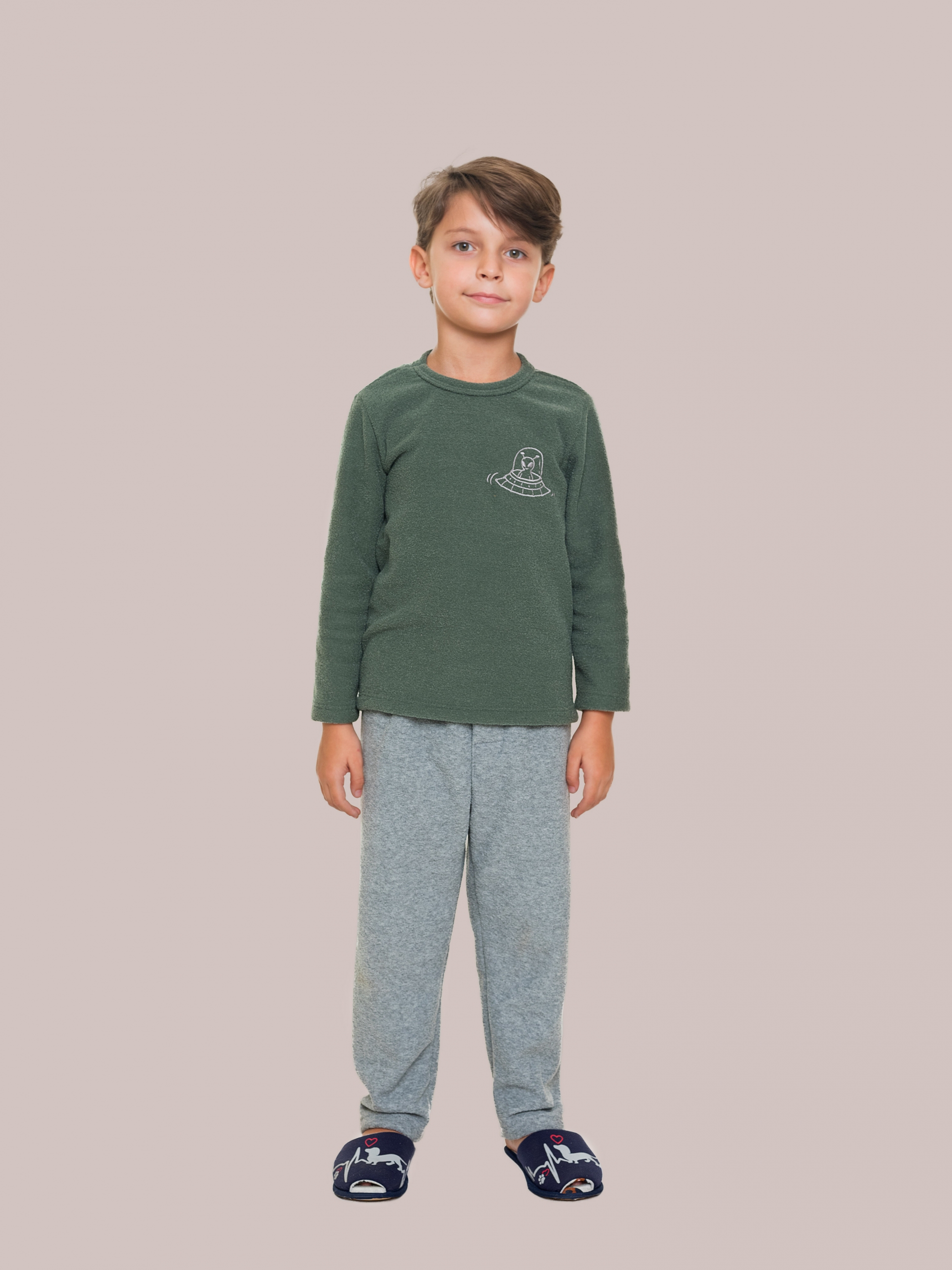PIJAMA JUVENIL DE PLUSH MASCULINO DE MANGA LONGA VERDE COM CINZA