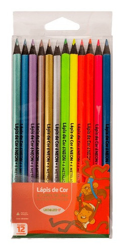 Lápis de cor 12 cores triangular metálico e neon - Leo e Leo
