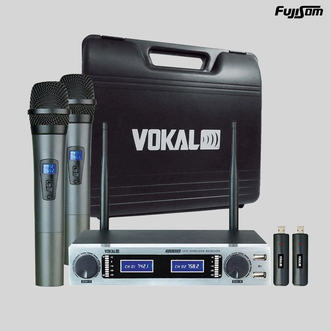 MICROFONE VOKAL S/ FIO VLR-502 DUPLO C/ BATERIA RECARREGÁVEL