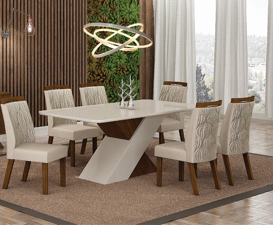 Conjunto Sala de Jantar Ilheus Mesa Brauna/Off White 1,80m C/ 06 Cadeiras Joli Palha Moveis Leifer