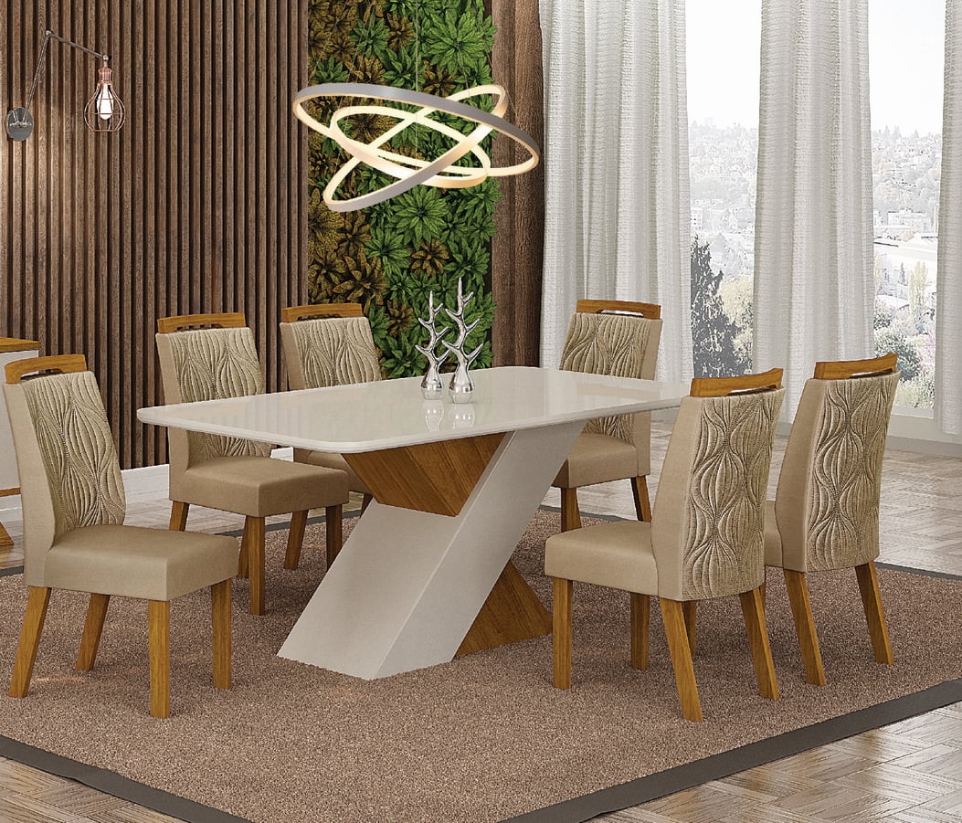 Conjunto Sala de Jantar Ilheus Mesa Freijo/Off White 1,80m C/ 06 Cadeiras Joli Gold Moveis Leifer