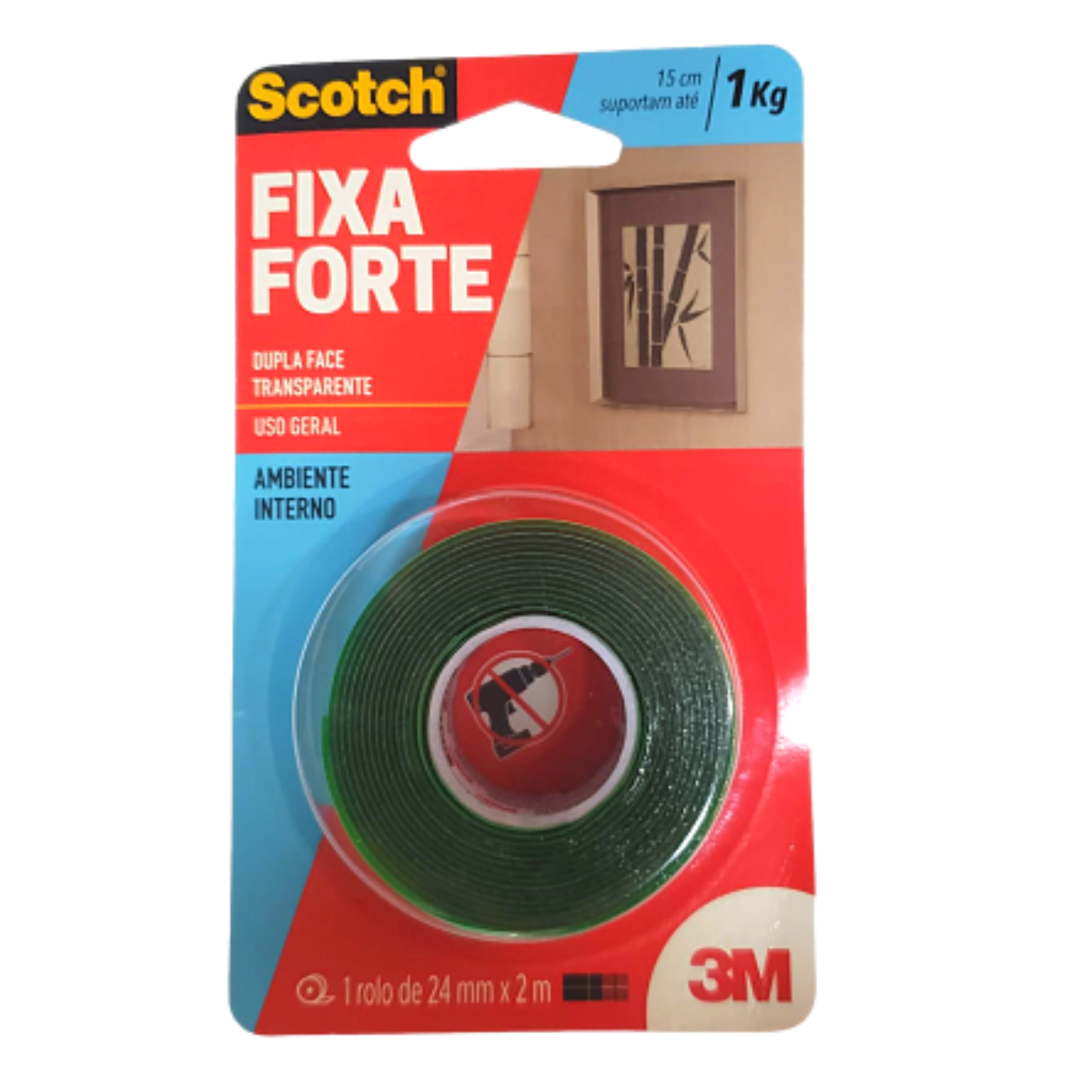 Fixa Forte Transparente 24mm X 2 Metros 3M Suporta até 1Kg 15cm