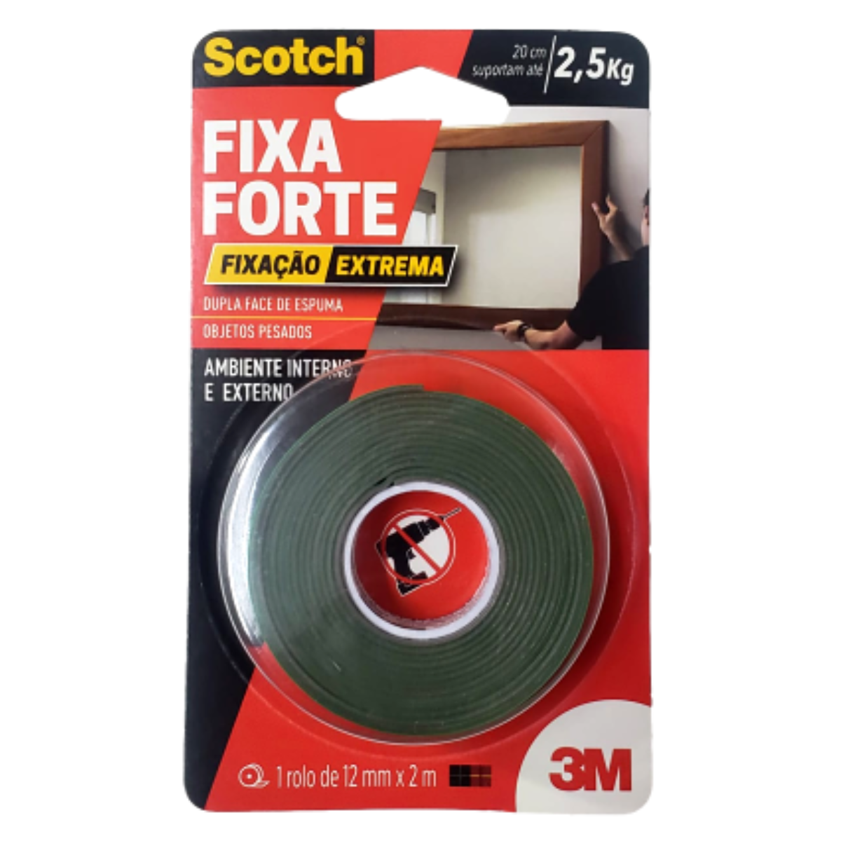 Fixa Forte Espuma Extreme 12mm X 2 Metros 3M Suporta até 2,5kg 20cm