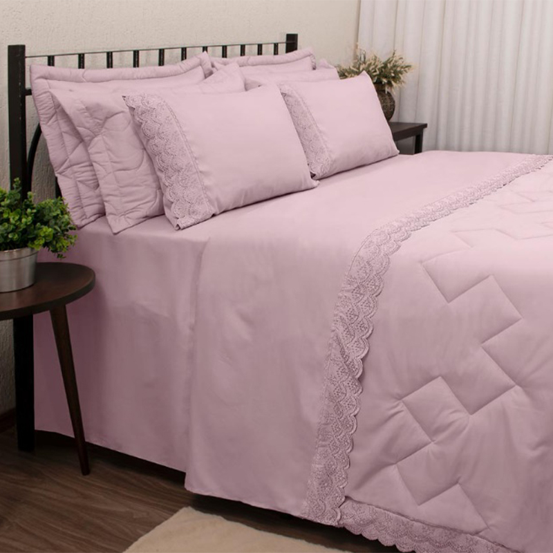 Kit Cobre Leito Buettner King Sonata c/ Renda Elga 3 Peças Rosa
