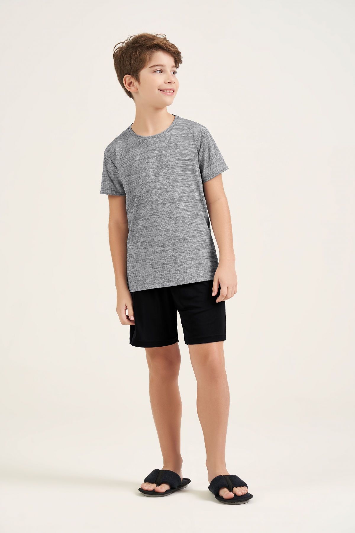 PIJAMA MASCULINO INFANTIL COR COM AMOR MANGA CURTA LIGANETE MESCLA PRETO E CINZA PAI E FILHO