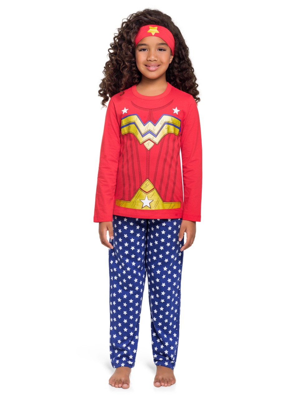 PIJAMA FEMININO INFANTIL VEGGI MANGA LONGA ALGODÃO MULHER MARAVILHA 