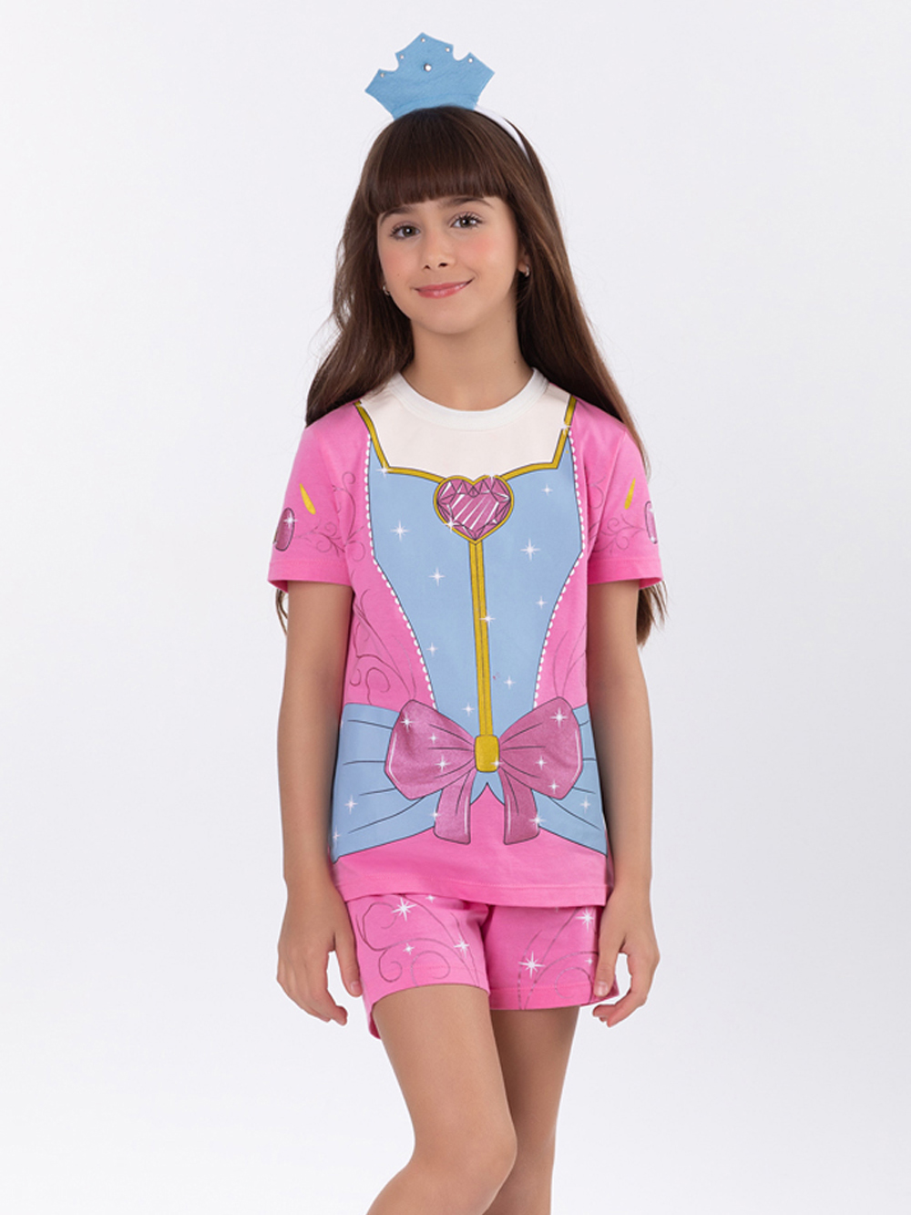 PIJAMA FEMININO INFANTIL MANGA CURTA ALGODÃO PRINCESA ROSA COM TIARA