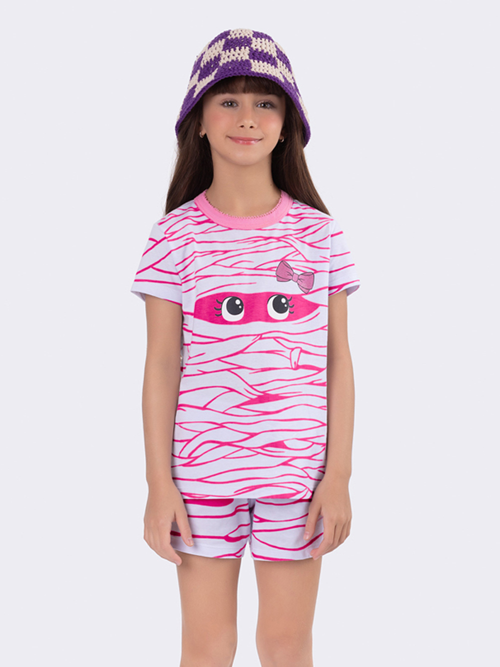 PIJAMA FEMININO INFANTIL VEGGI MANGA CURTA ALGODÃO MUMIA ROSA