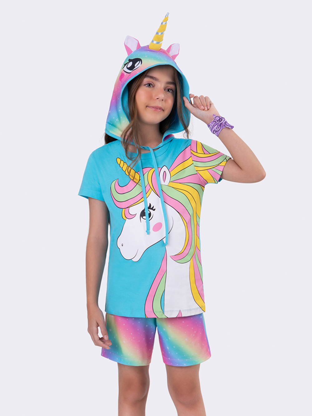 PIJAMA FEMININO INFANTIL VEGGI MANGA CURTA ALGODÃO UNICORNIO AZUL