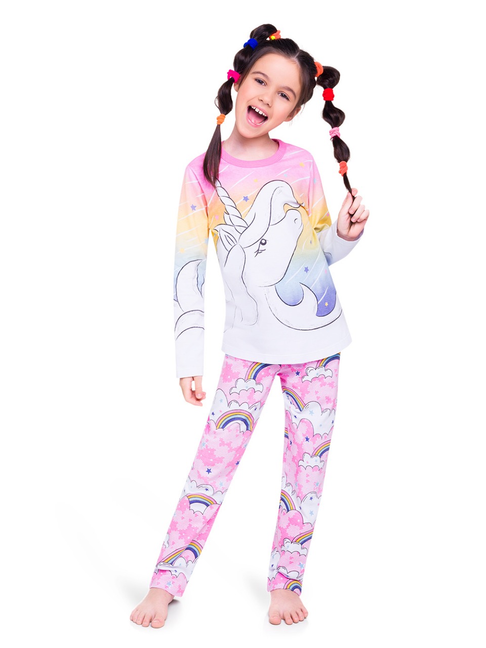 PIJAMA FEMININO INFANTIL VEGGI MANGA LONGA ALGODÃO UNICORNIO ROSA