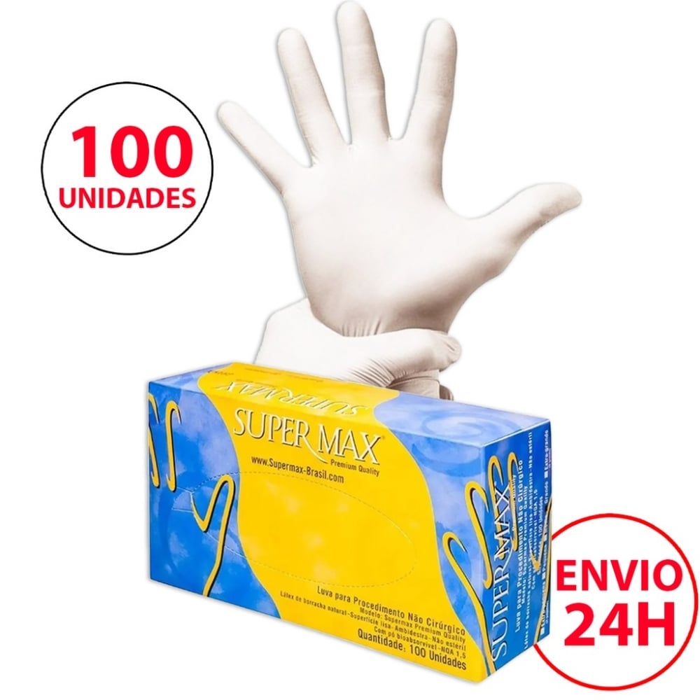 Luva Latex Descartável com Pó Supermax 100 uniades Branca Original