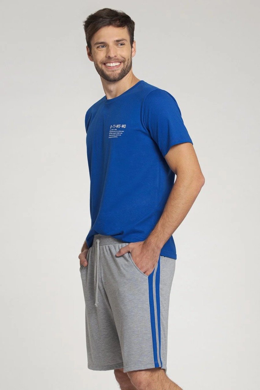 PIJAMA MASCULINO MENSAGEIRO DOS SONHOS MANGA CURTA AZUL COM CINZA