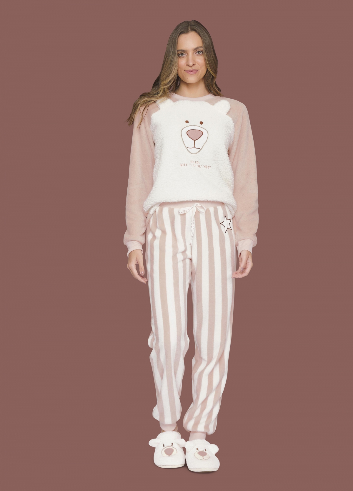 PIJAMA FEMININO INVERNO LUA LUÁ LISTRADO URSO PUNHO FLEECE ROSE