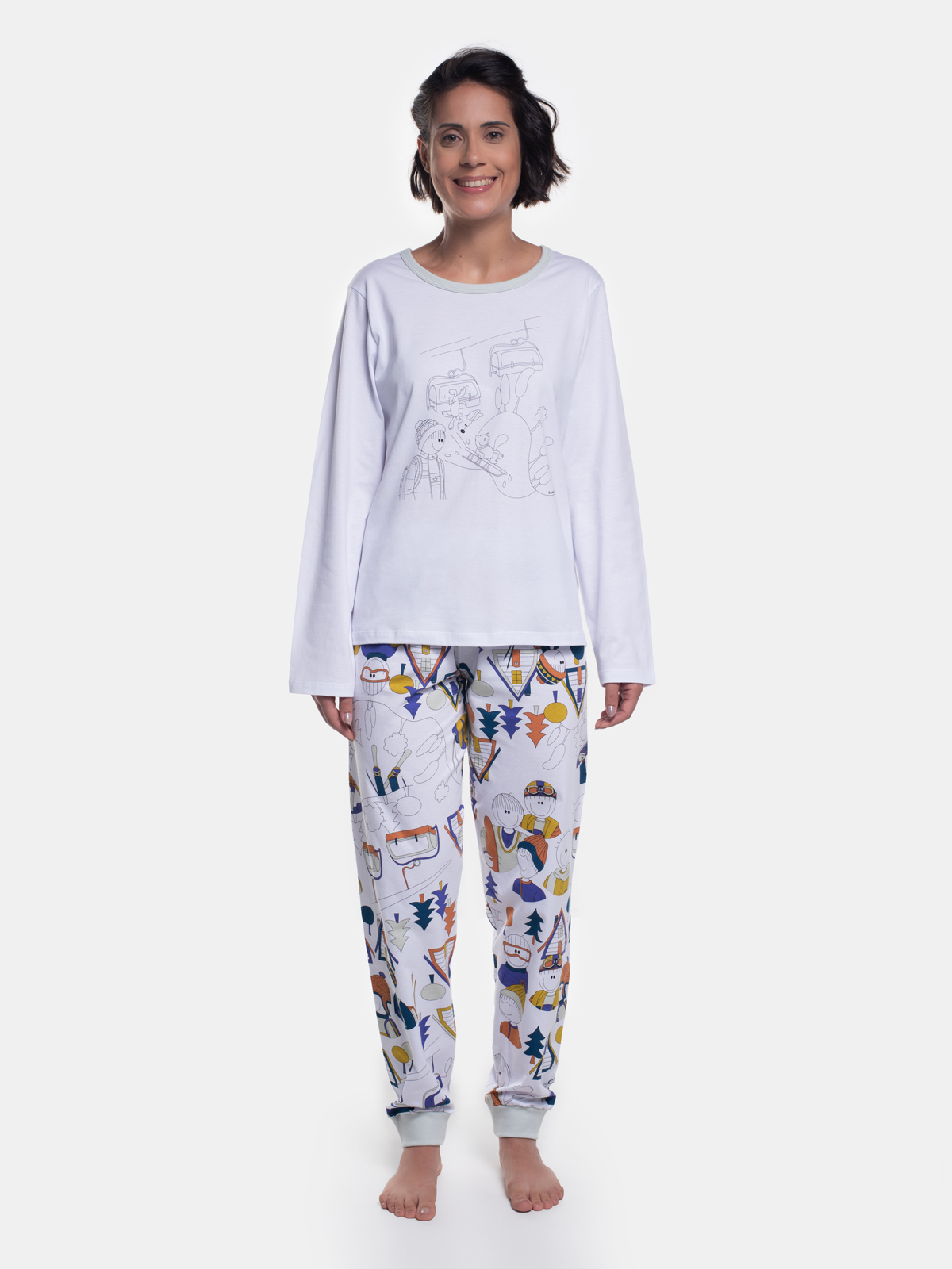PIJAMA FEMININO SONHART ALGODÃO MANGA LONGA BRANCO PUNHO