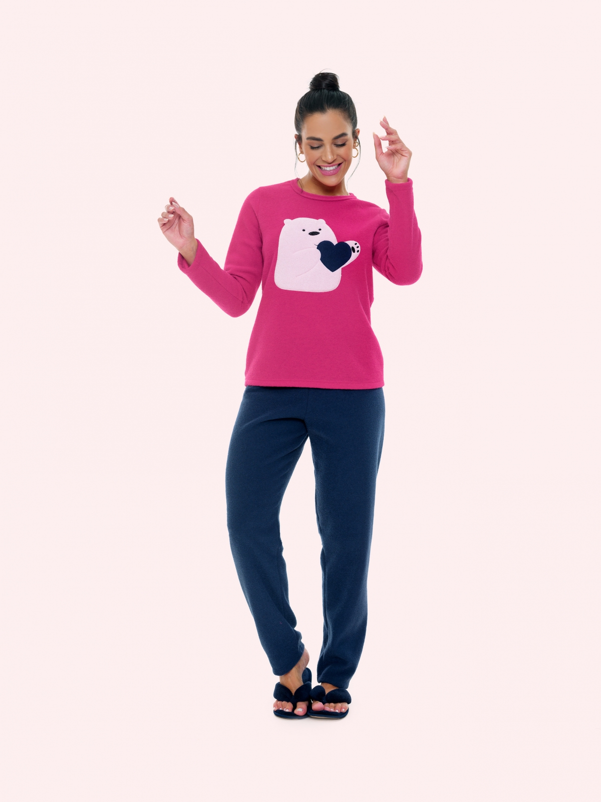 PIJAMA FEMININO BOCEJINHO MANGA LONGA CALÇA PLUSH URSO PINK PLUS SIZE