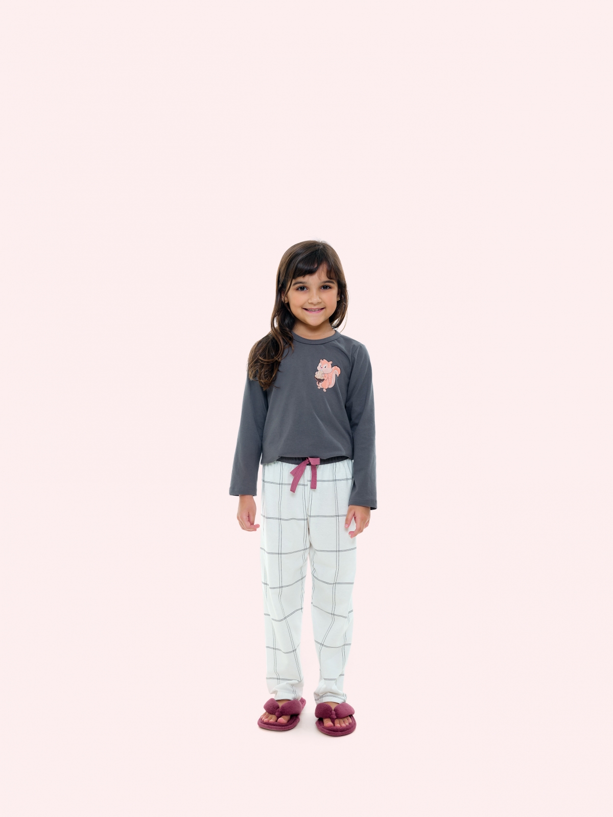 PIJAMA FEMININO INFANTIL BOCEJINHO MANGA LONGA ALGODÃO XADREZ ESQUILO