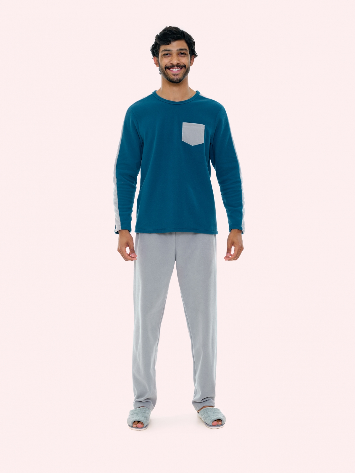 PIJAMA MASCULINA BOCEJINHO MANGA LONGA E CALÇA SOFT AZUL E MESCLA PLUS SIZE